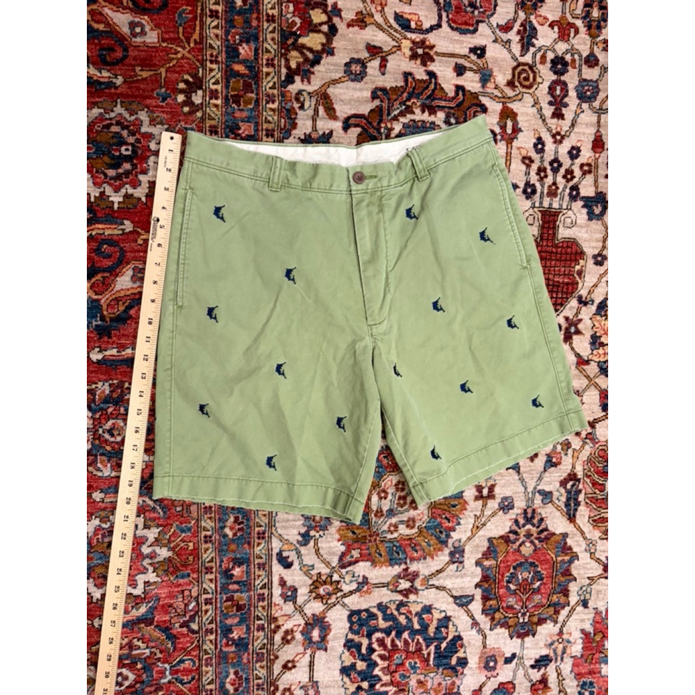 J.Crew DESTROYED Sage Green Chino Shorts Embroidered Fish Nautical Size 35